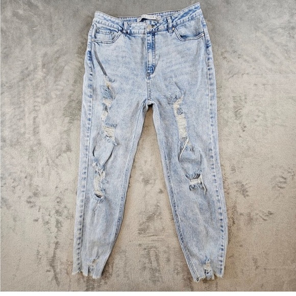Tinsletown Jeans Womens Juniors 13 Hi-Rise Destructed Mom Light Wash Tapered - Picture 1 of 3